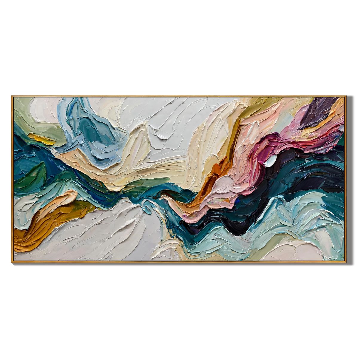 Color Cliffs Gather Light panoramic canvas artwork in a wood frame on white