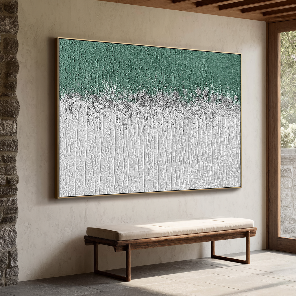 Misty Meadow – Panoramic Linear Texture Art | Heavy Impasto Green & White Abstract Living Room Decor