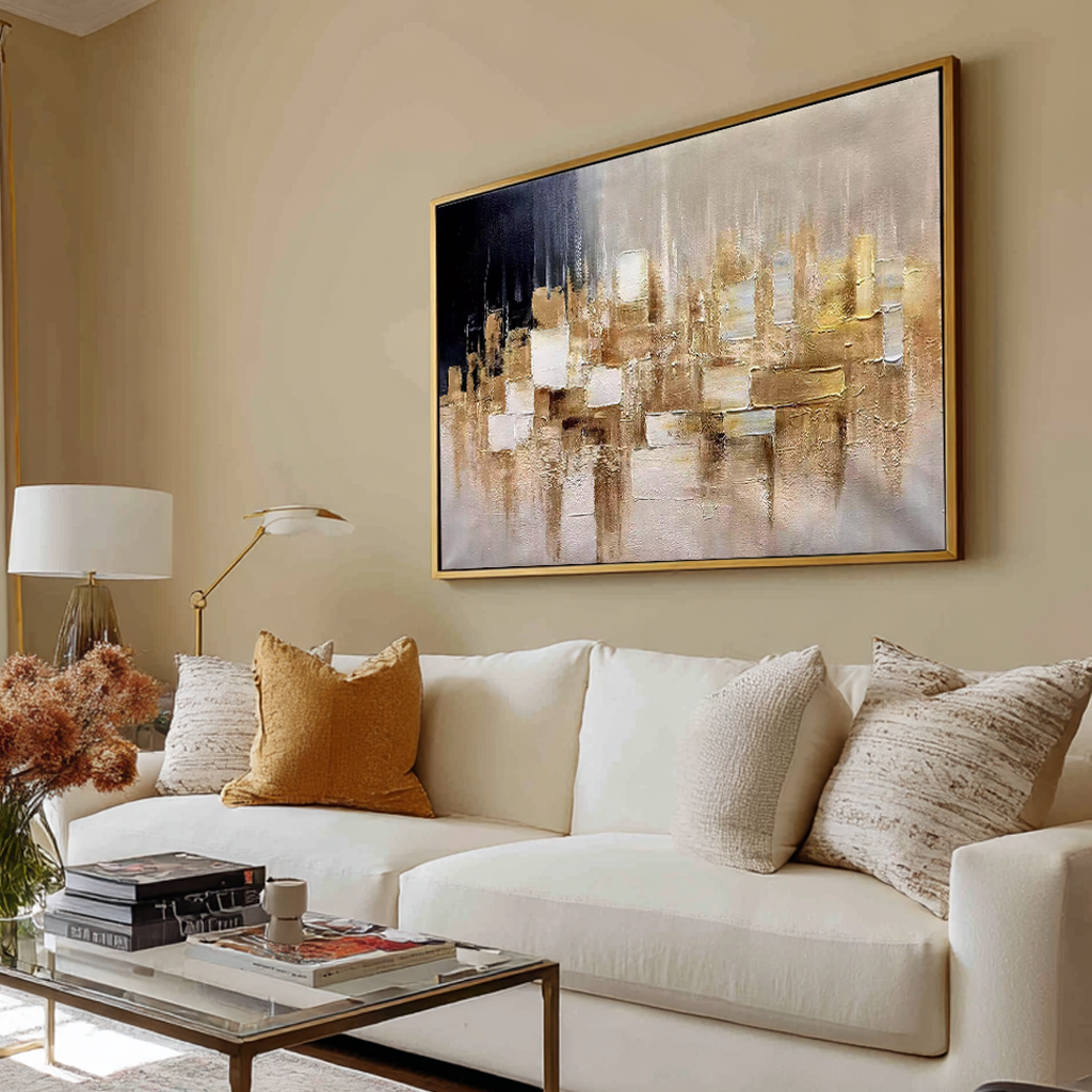 Golden Skyline – Luxury Abstract Urban Landscape Painting | Large Horizontal Impasto Living Room Art