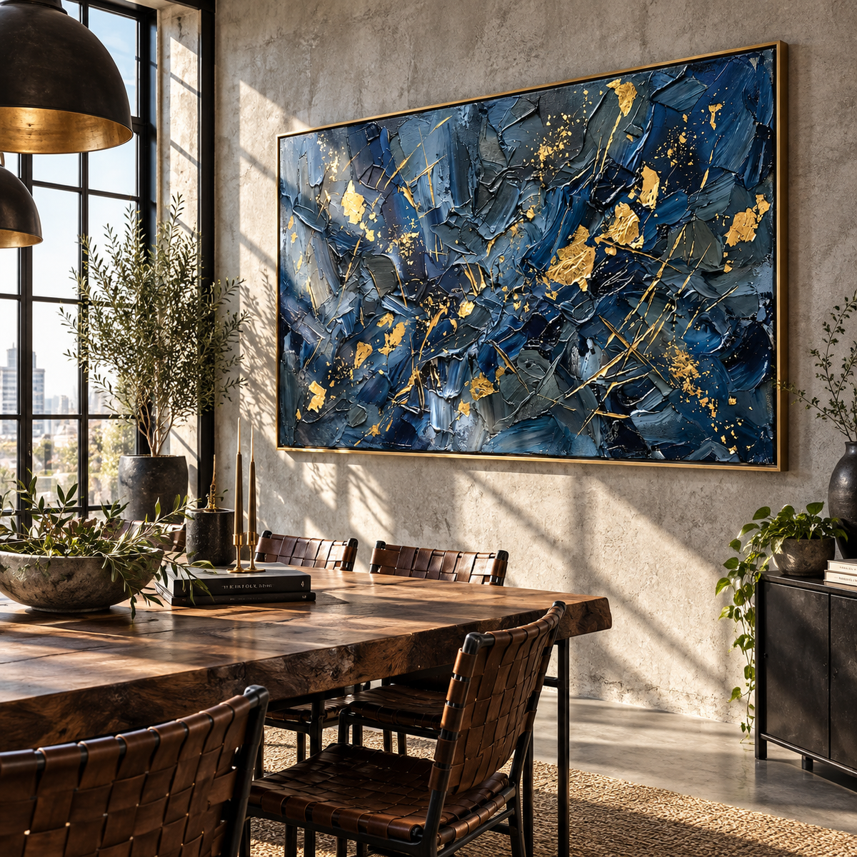 Gold Fractures Midnight Blue navy blue and gold textured abstract painting displayed in a modern interior