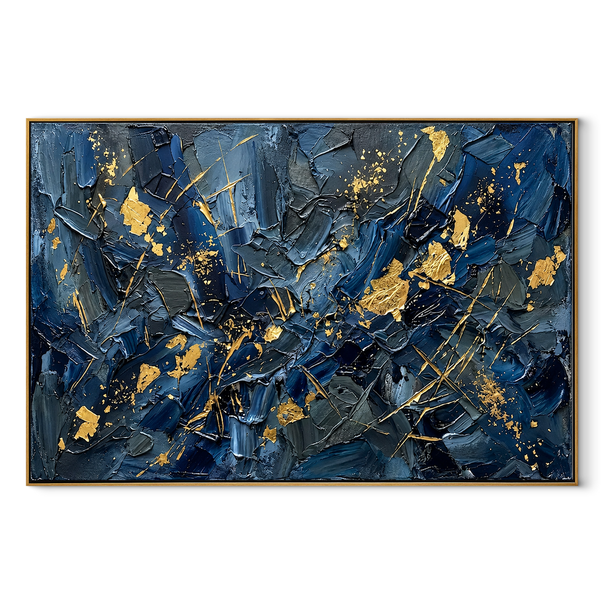 Gold Fractures Midnight Blue horizontal canvas artwork in a wood frame on white