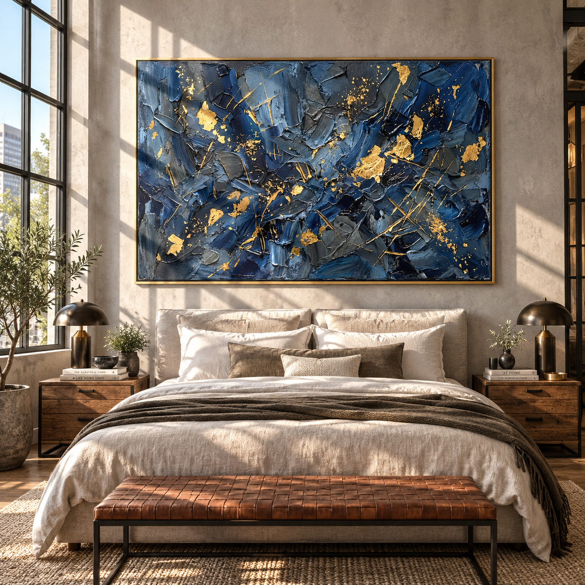 Gold Fractures Midnight Blue horizontal painting styled as a refined focal point