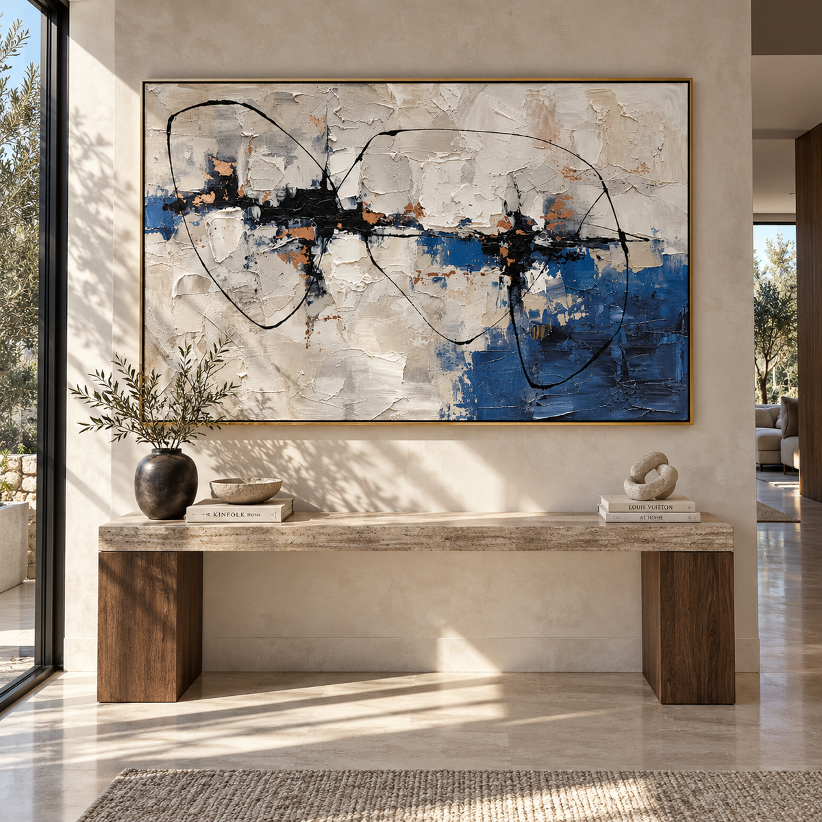 Black Lines Cross Silence textured wall art shown above contemporary furnishings