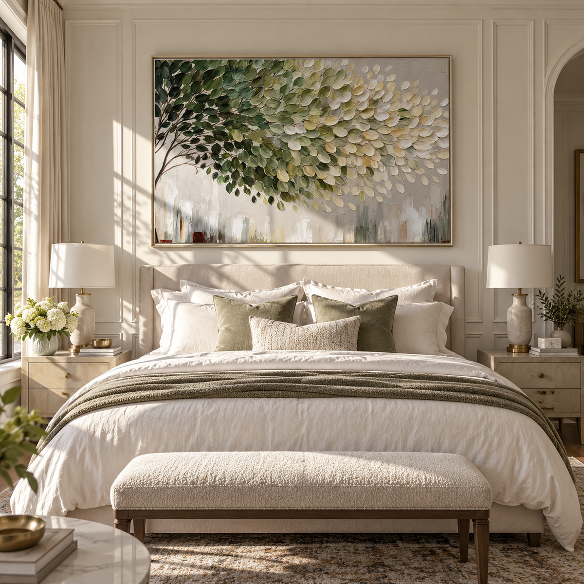 Leaves Drift Into Light green and ivory textured tree leaf painting displayed in a modern interior