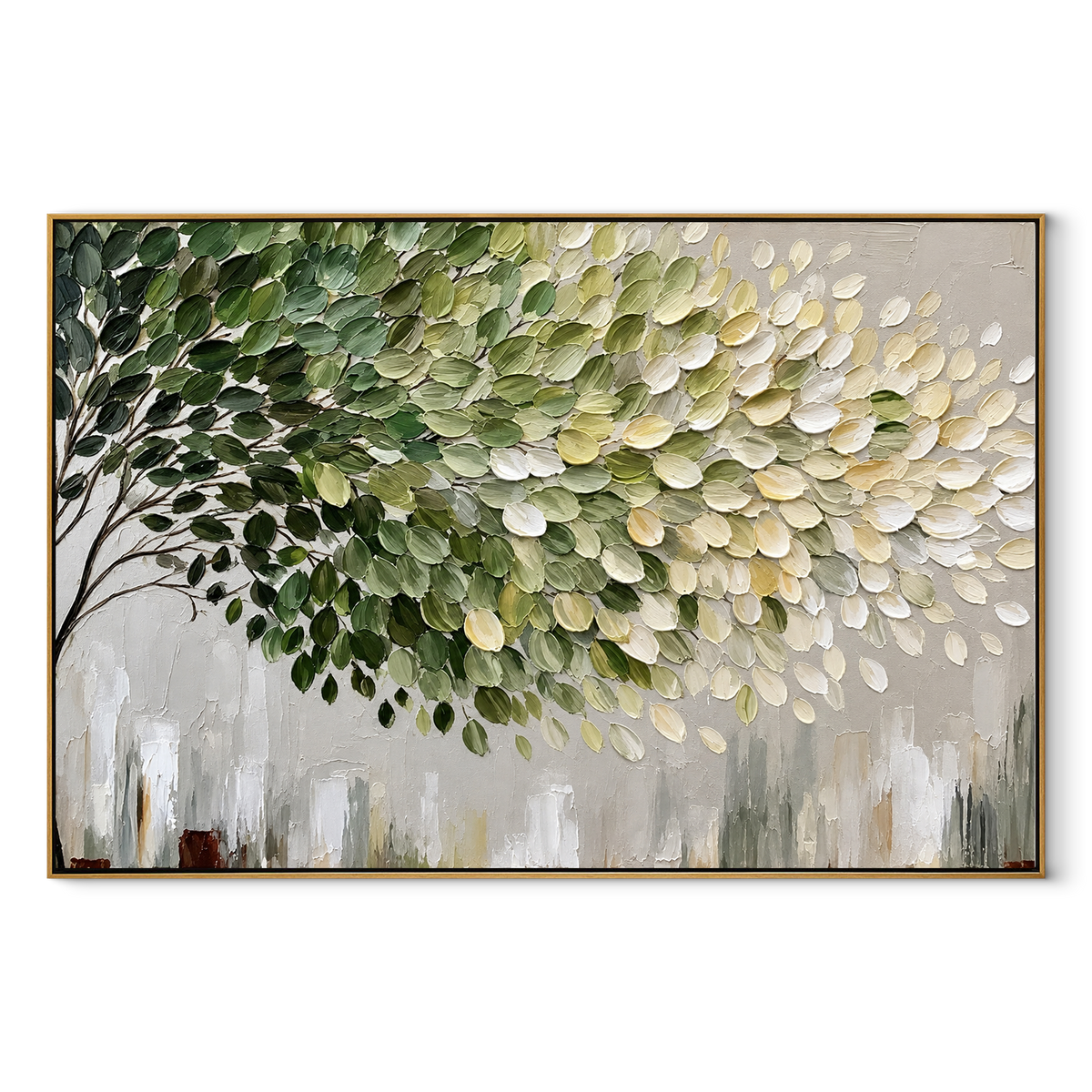 Leaves Drift Into Light horizontal canvas artwork in a wood frame on white