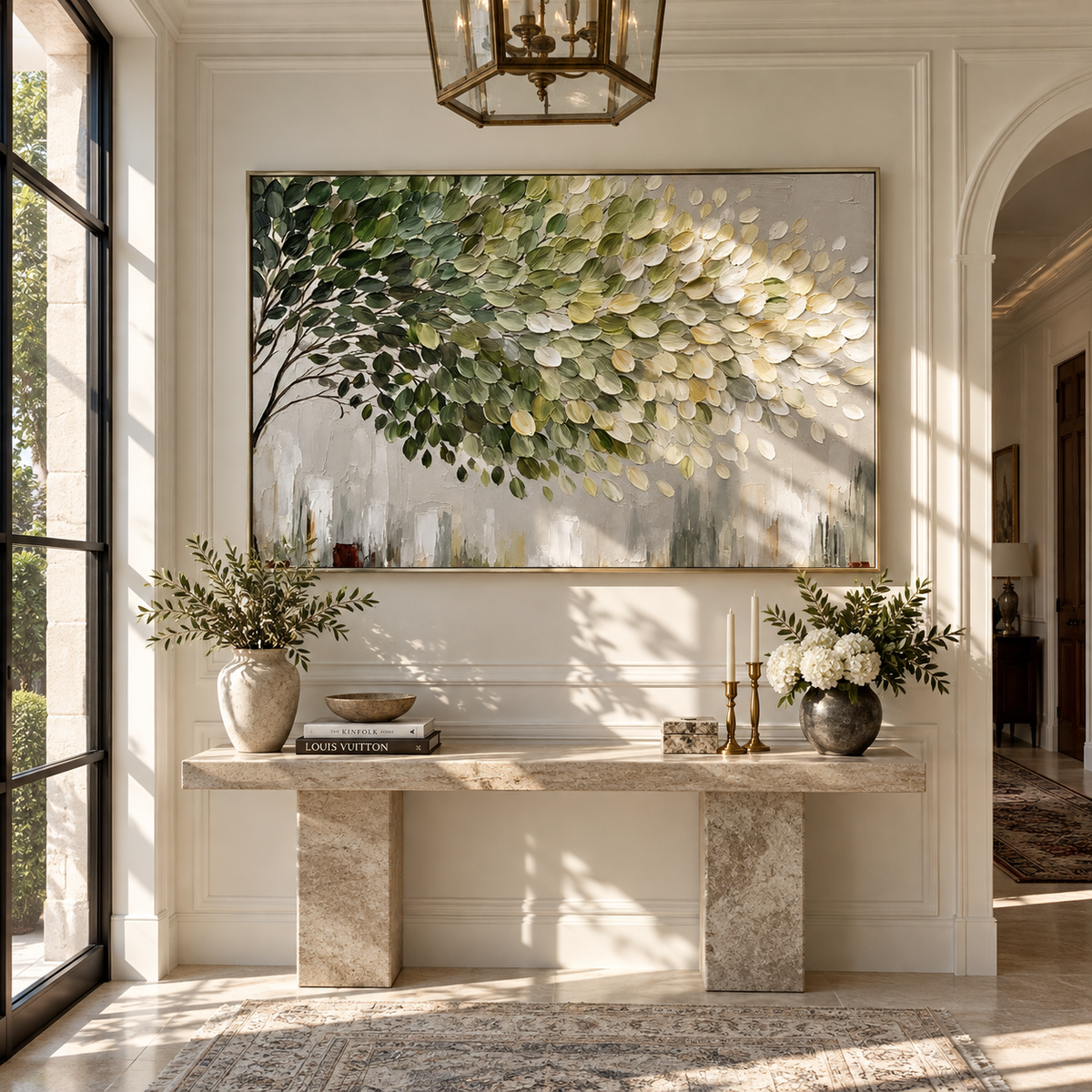 Leaves Drift Into Light textured wall art shown above contemporary furnishings