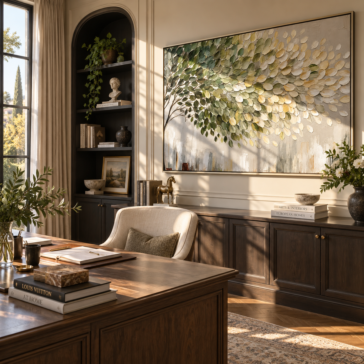 Leaves Drift Into Light horizontal painting styled as a refined focal point