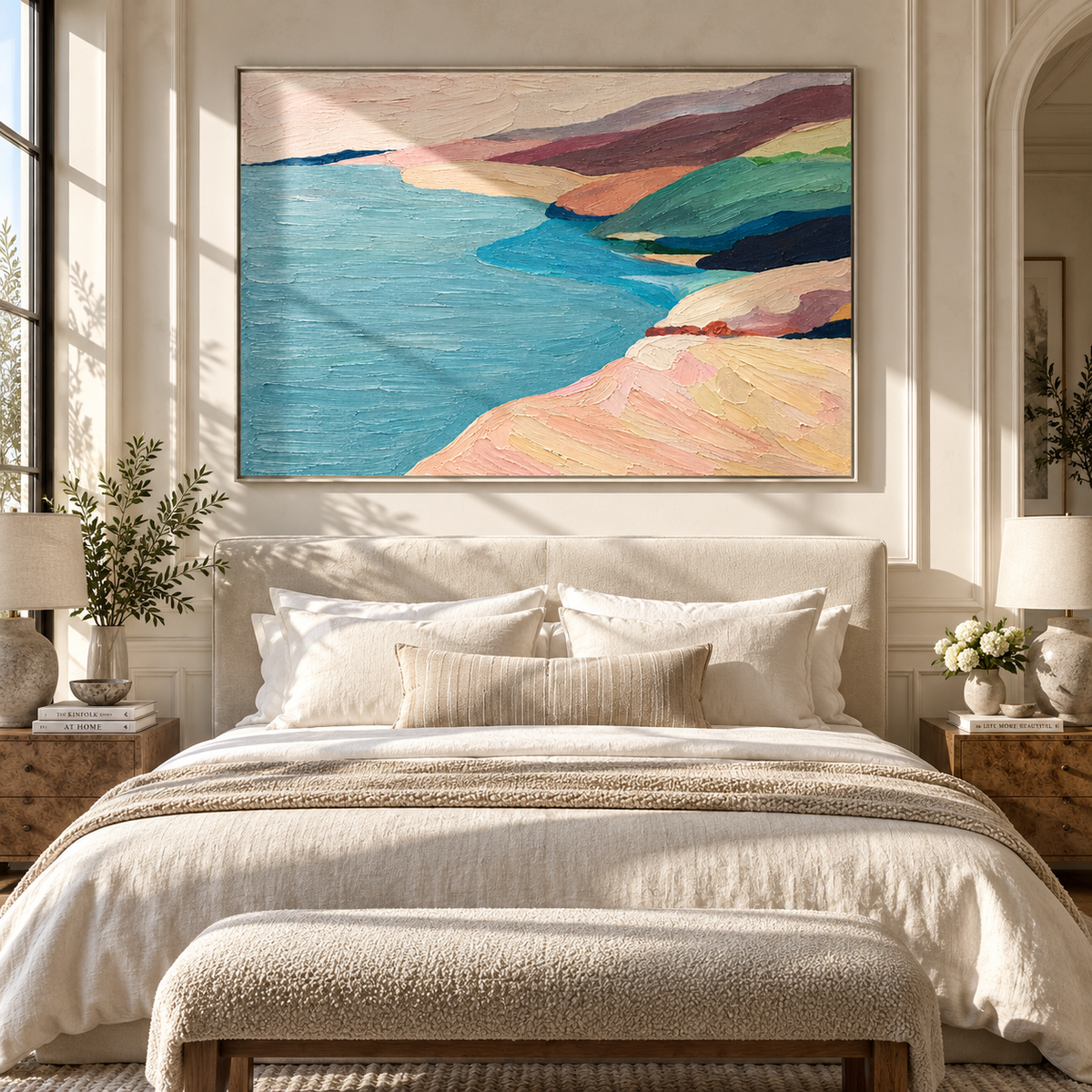Pastel Shores Meet Water colorful coastal landscape painting displayed in a modern interior
