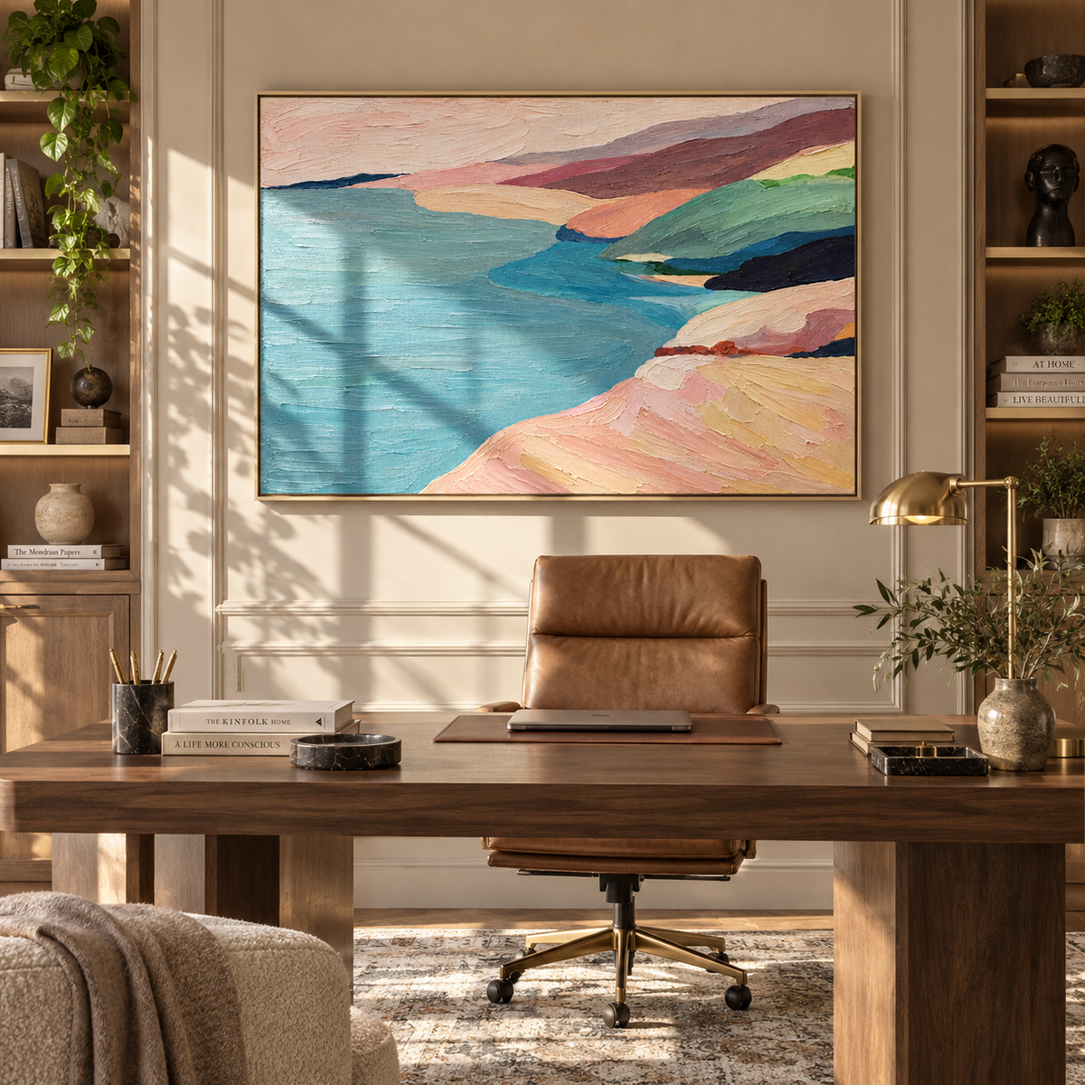 Pastel Shores Meet Water textured wall art shown above contemporary furnishings