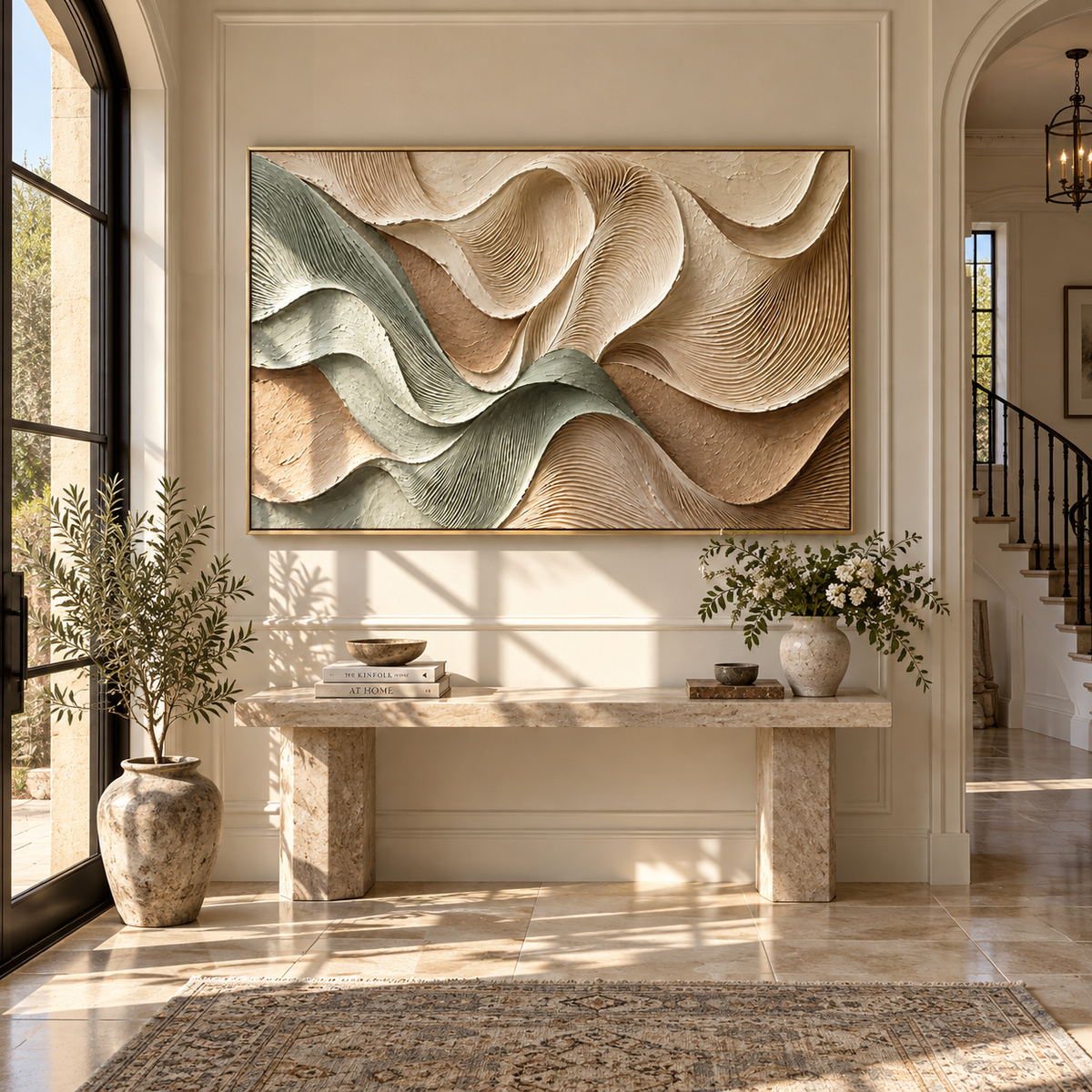 Sage Ribbons Fold Softly textured wall art shown above contemporary furnishings
