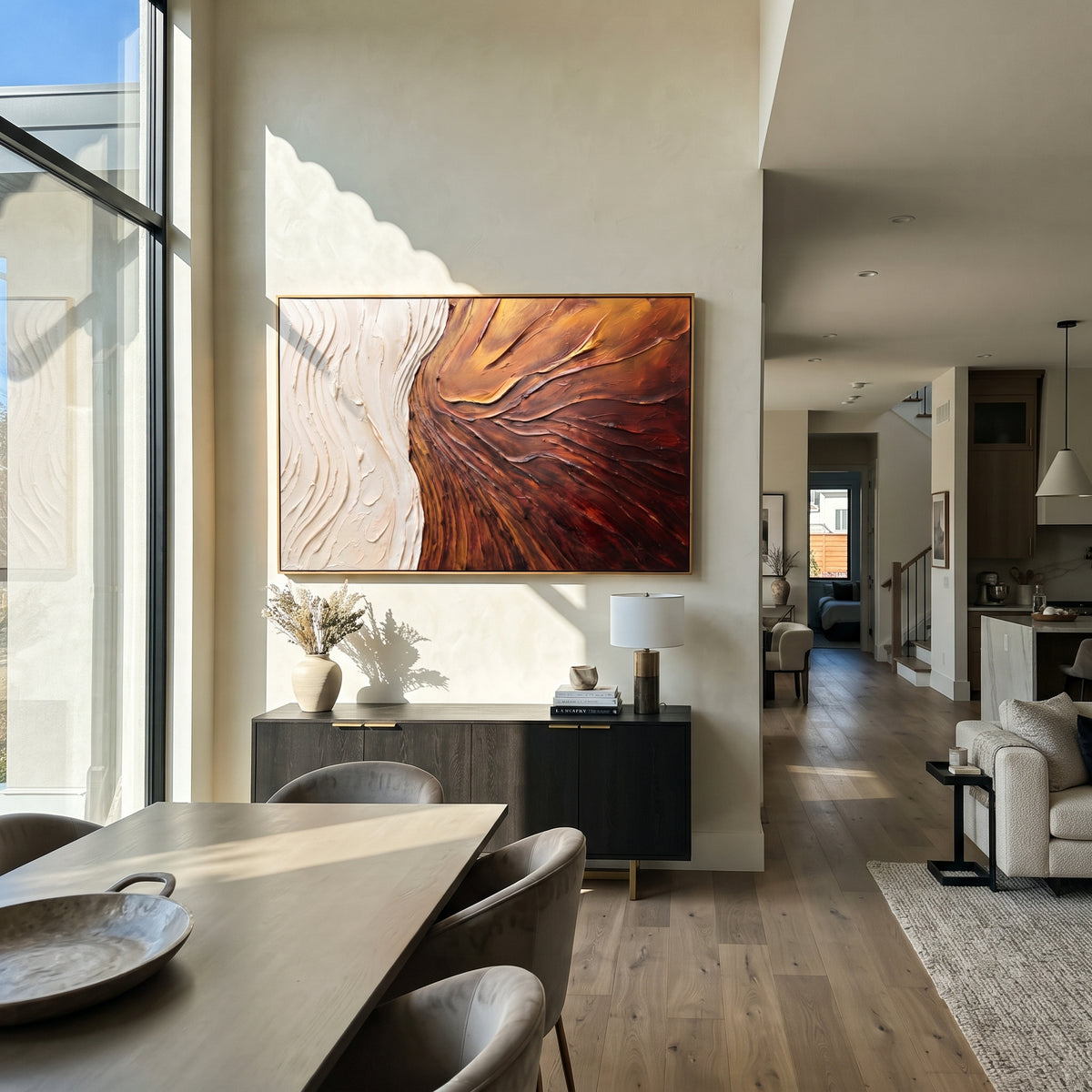 Copper Current Through Ivory horizontal painting displayed as a room focal point
