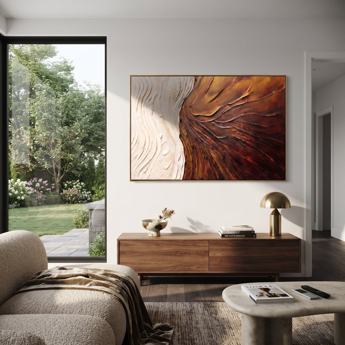 Copper Current Through Ivory artwork shown with modern interior materials