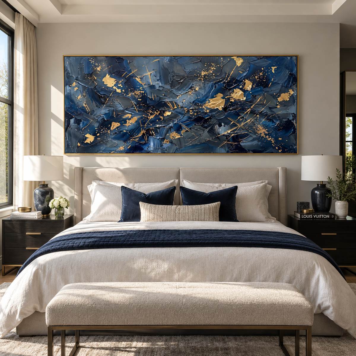Gold Signals at Midnight textured wall art shown in a contemporary room setting