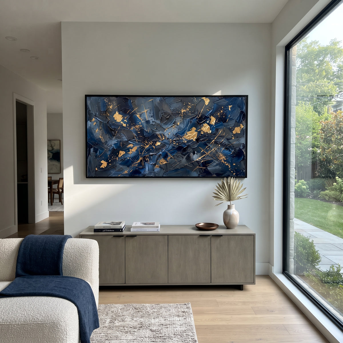 Gold Signals at Midnight horizontal painting displayed as a room focal point