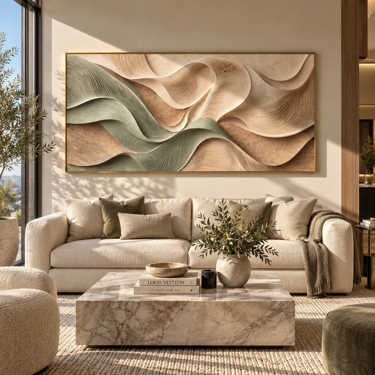 Sage Dunes at Rest textured wall art shown in a contemporary room setting