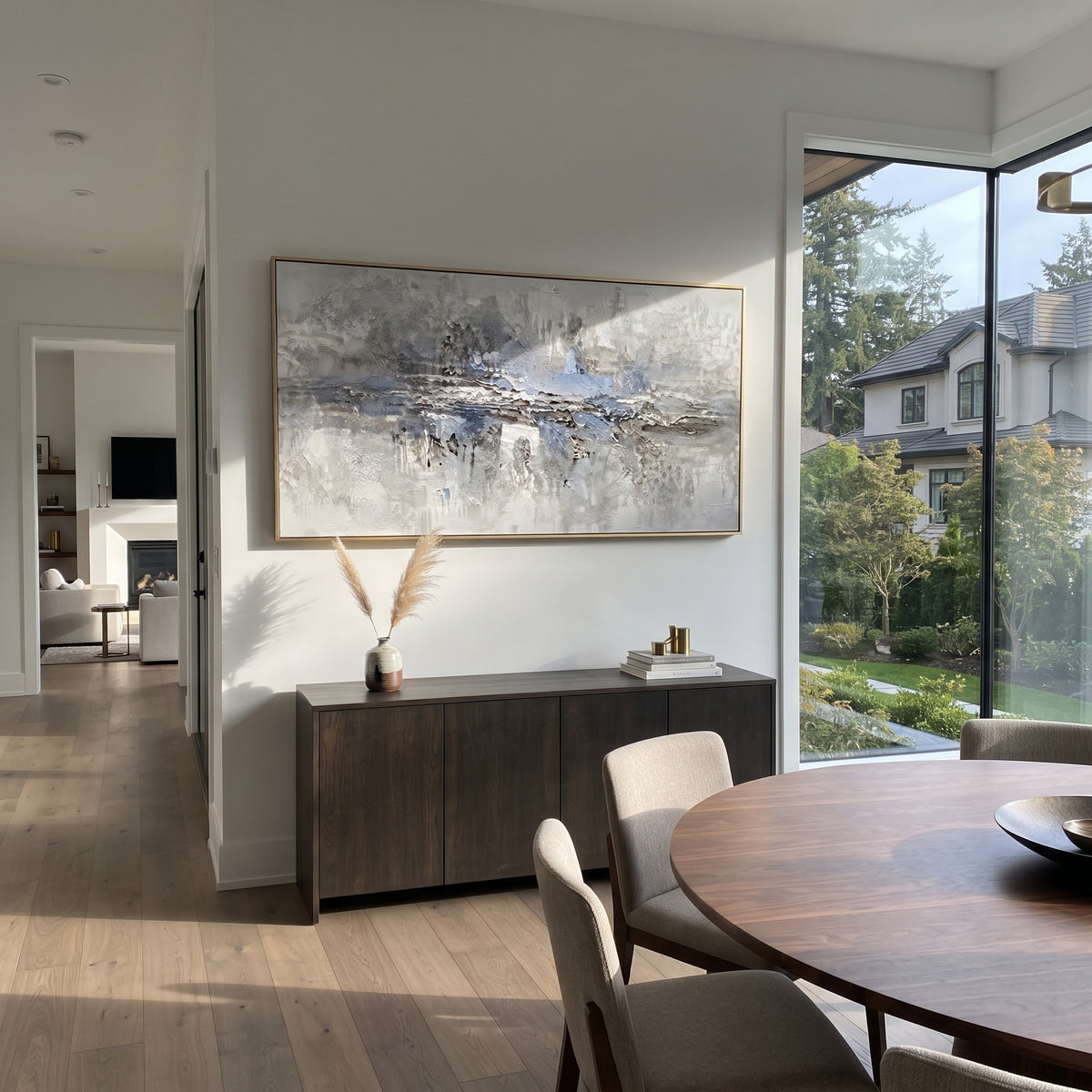 Mist Across Quiet Water grey blue atmospheric painting displayed in a styled interior