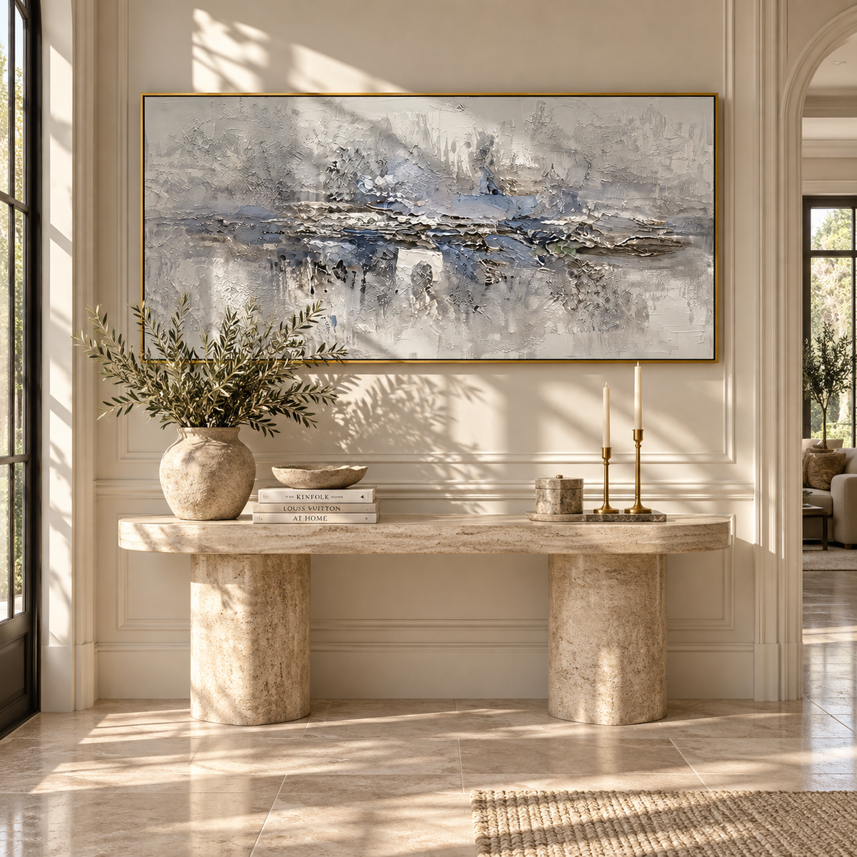 Mist Across Quiet Water horizontal painting displayed as a room focal point