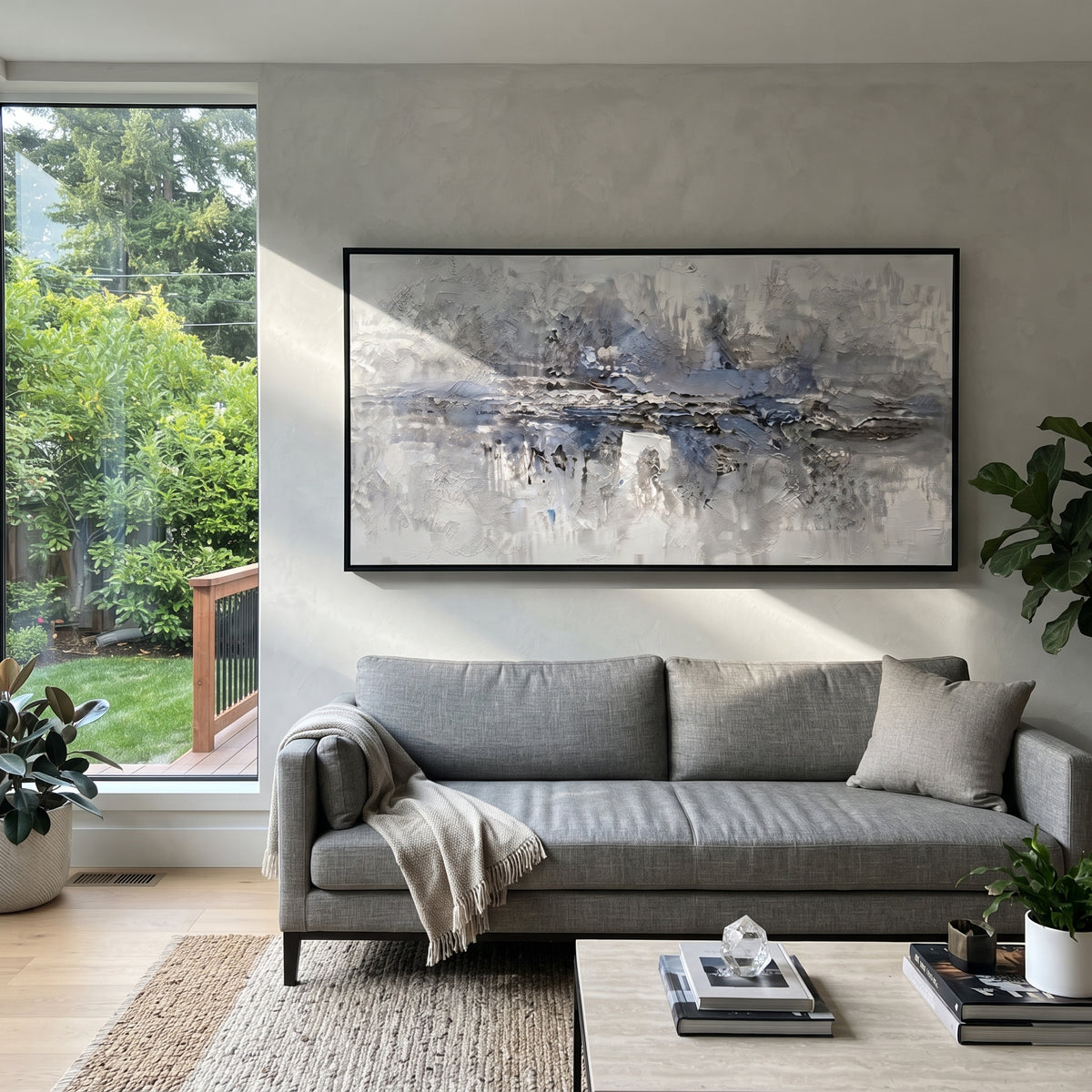 Mist Across Quiet Water artwork shown with modern interior materials