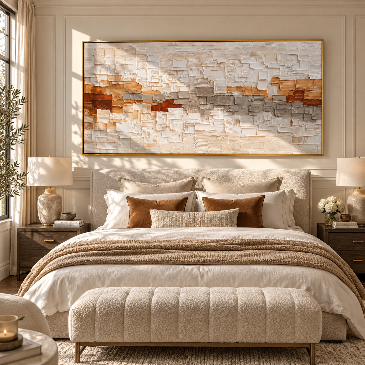 Ember Line Through White white rust geometric relief painting displayed in a styled interior
