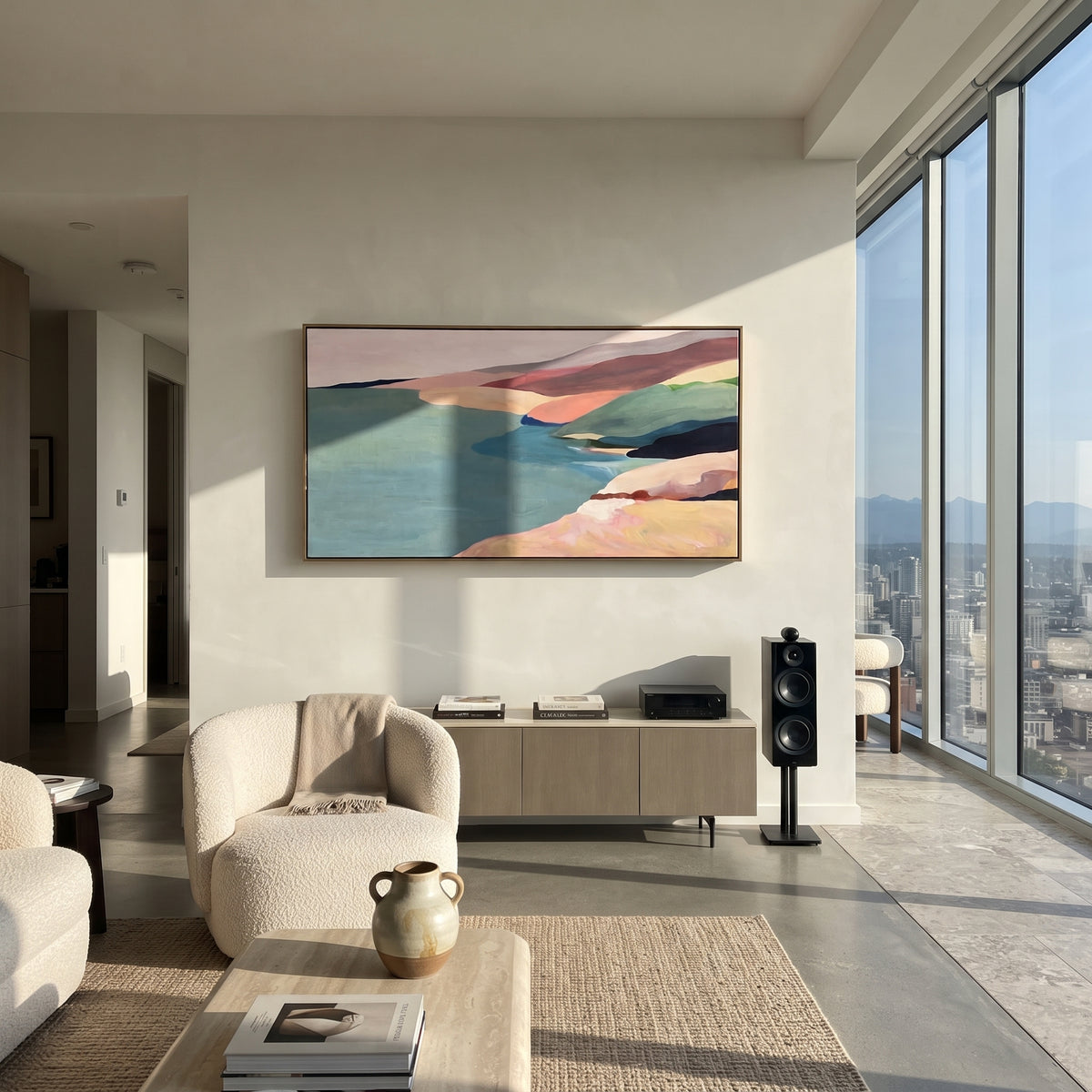 Coastline in Pastel Calm artwork shown with modern interior materials