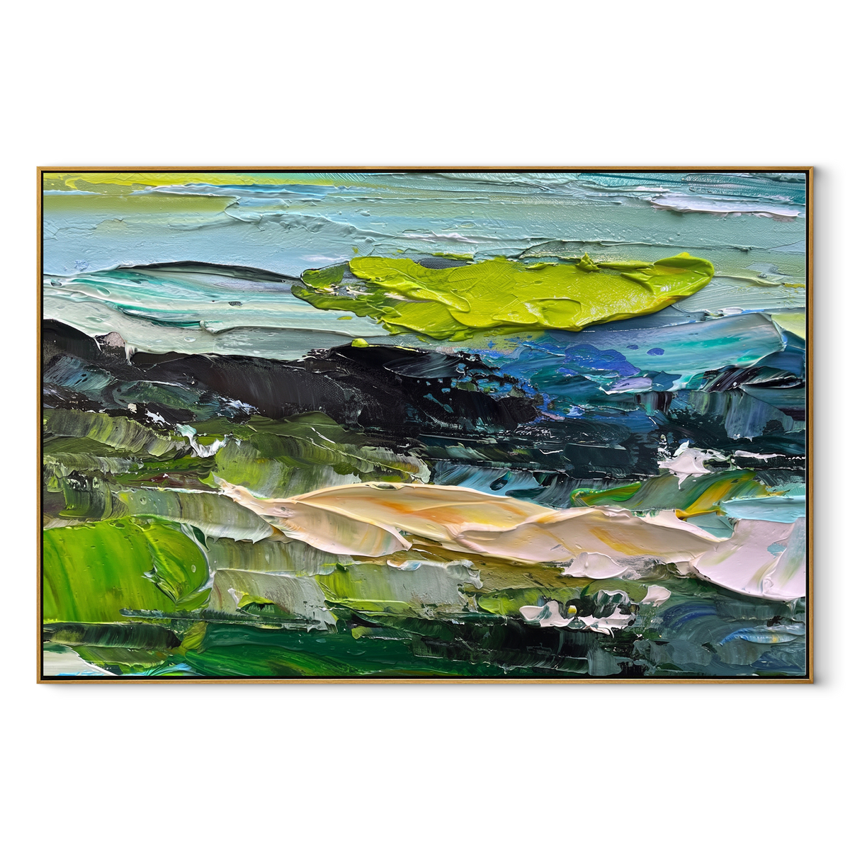 Green Tide Breaking horizontal canvas artwork in a wood frame on a white background