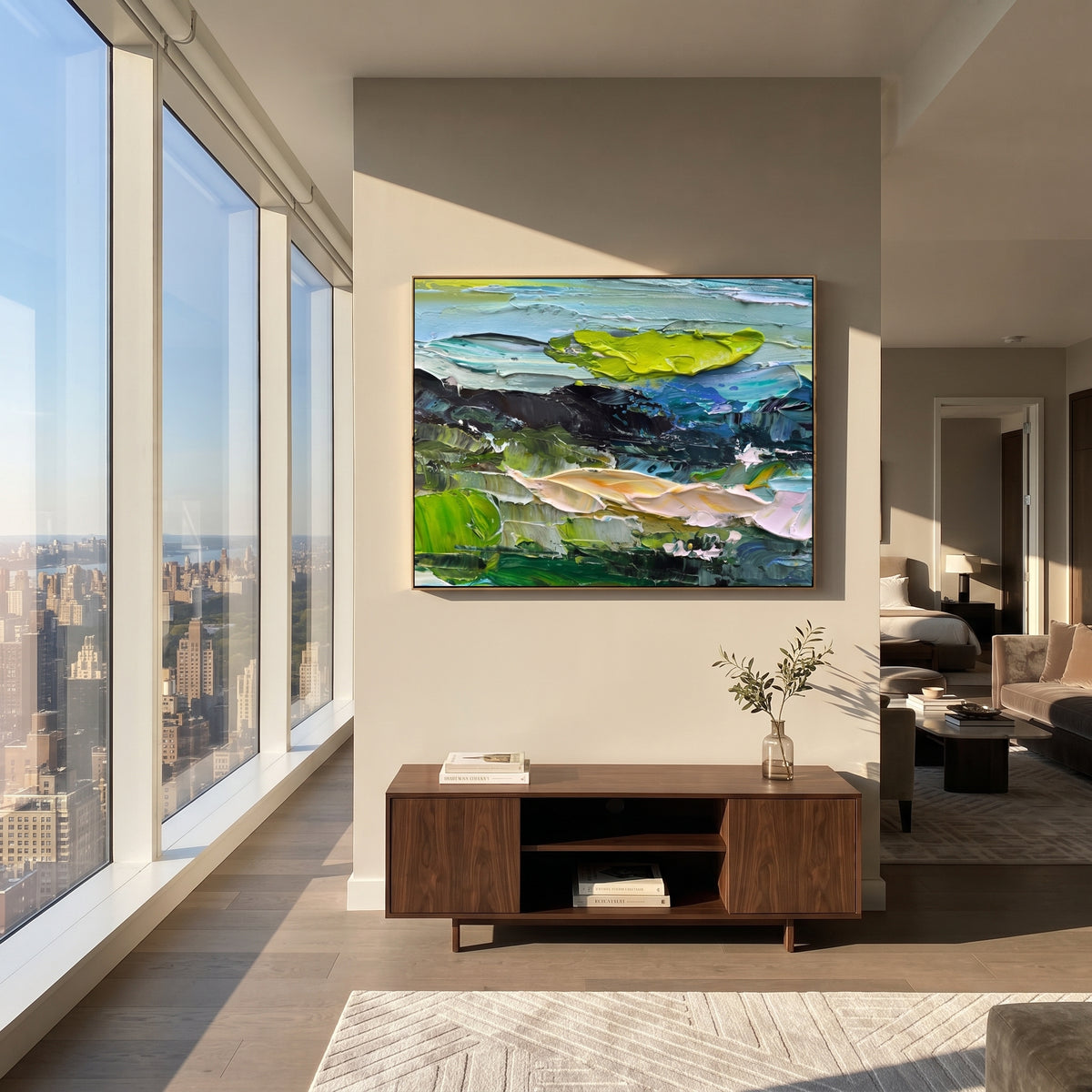 Green Tide Breaking horizontal painting displayed as a room focal point