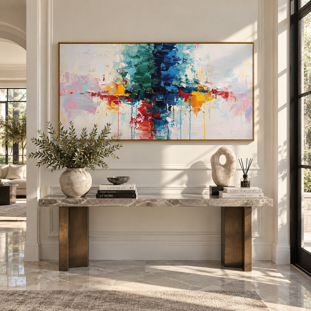 Color Meets at Center colorful linear abstract painting displayed in a styled interior
