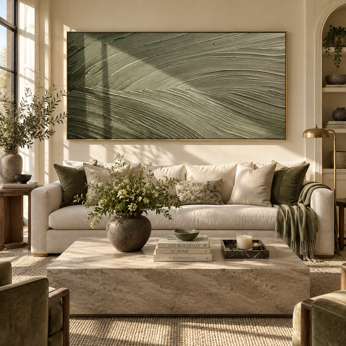 Forest Wind Across Grass green minimalist brush painting displayed in a styled interior