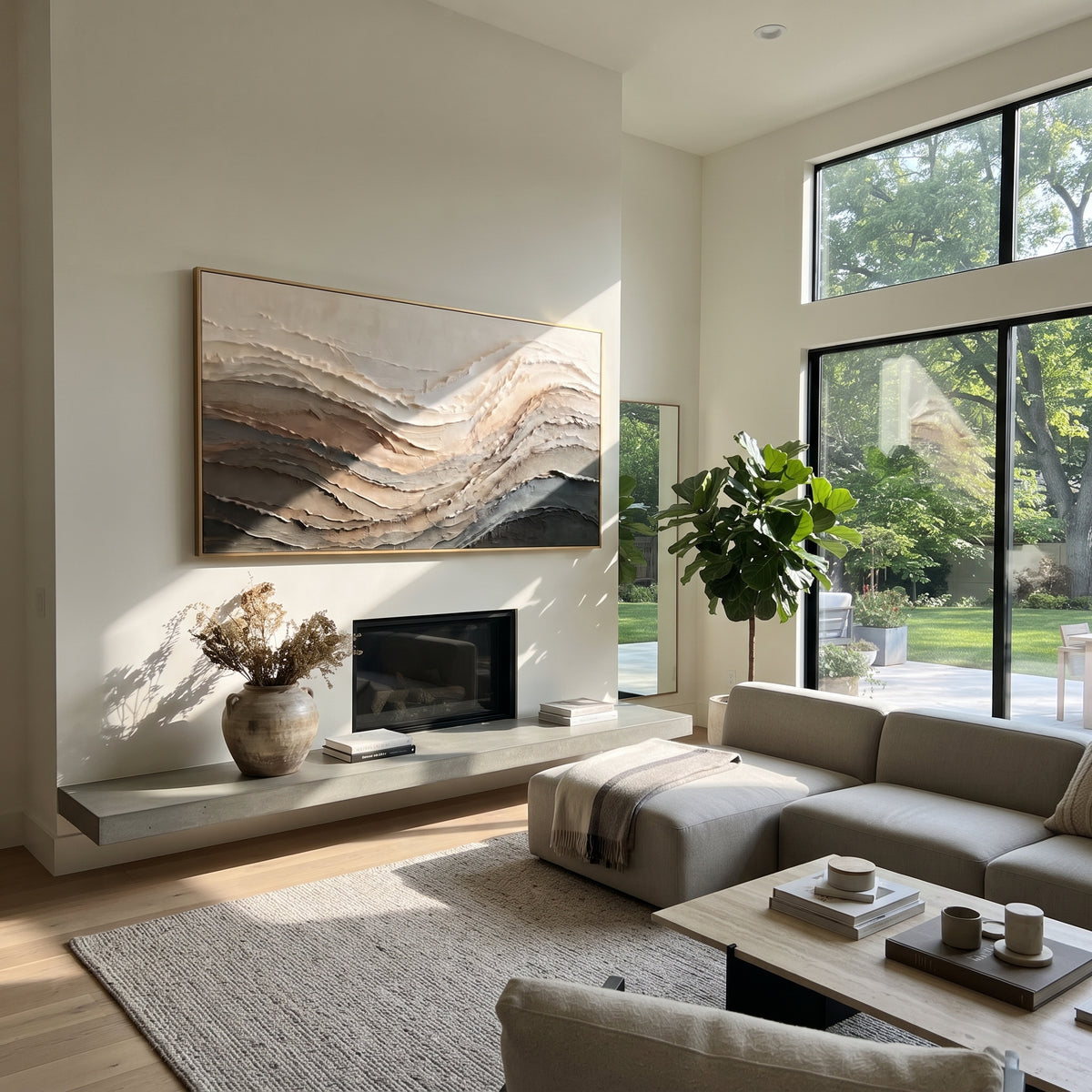 Desert Layers at Dawn beige brown layered relief painting displayed in a styled interior
