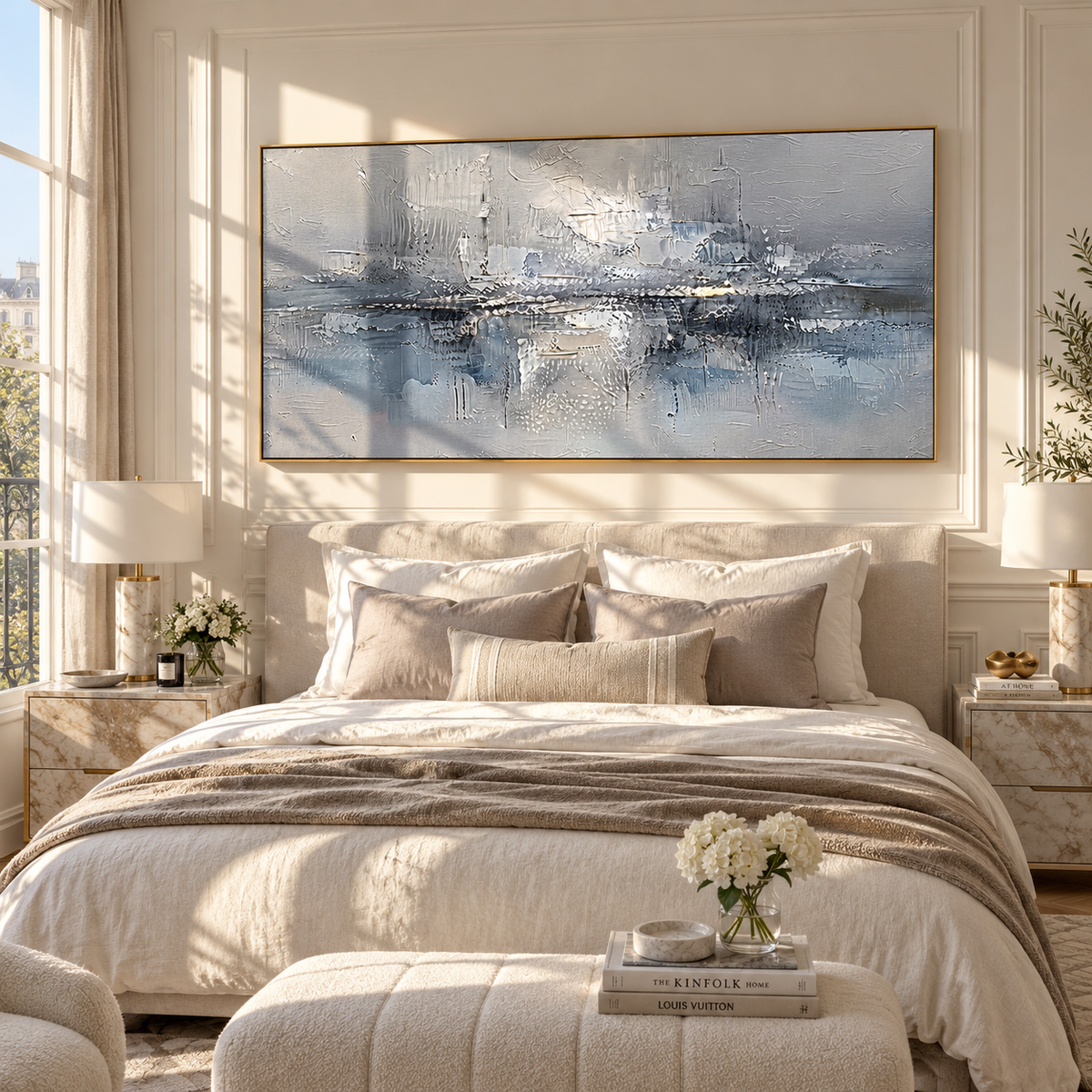 Silver Harbor in Fog grey blue atmospheric abstract painting displayed in a styled interior