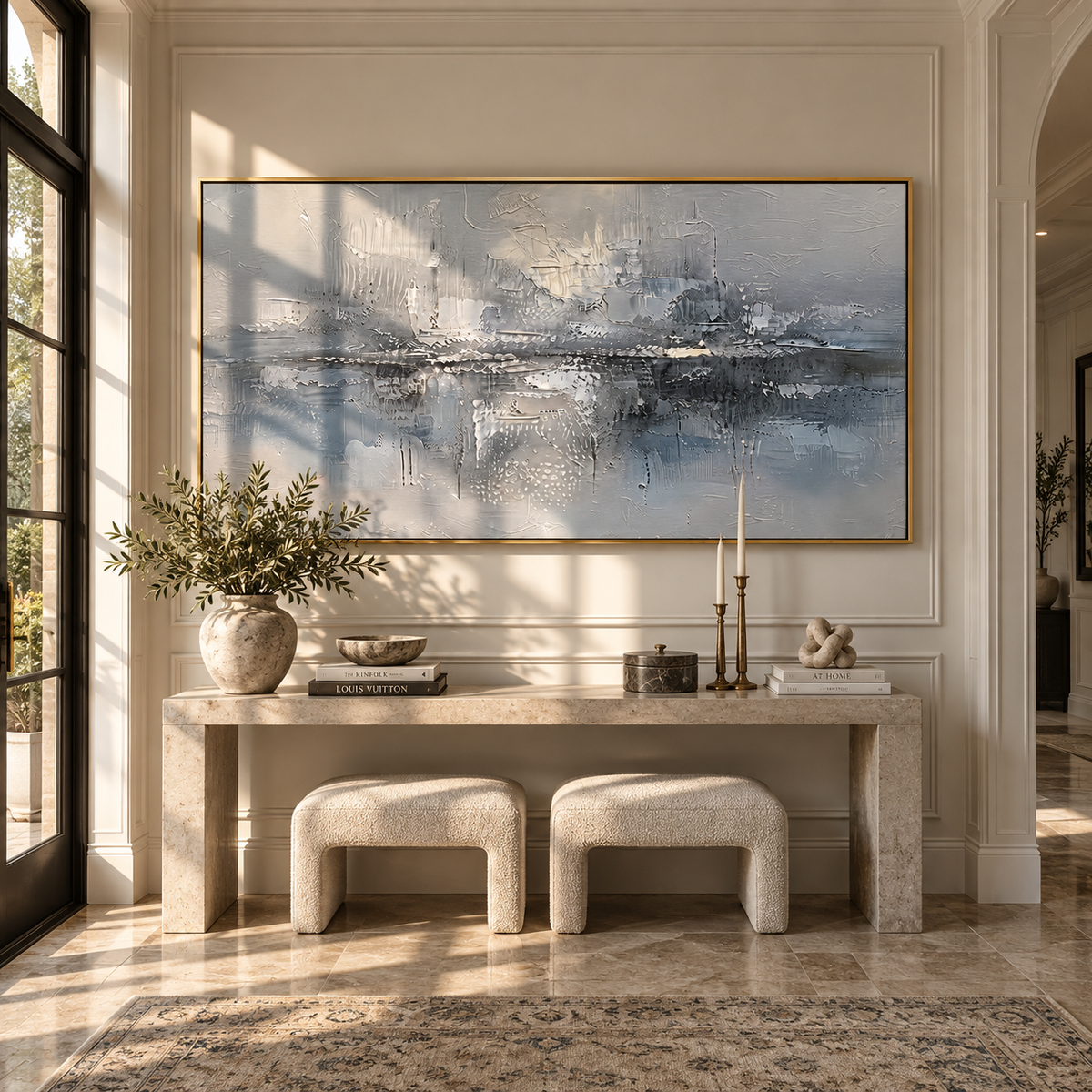 Silver Harbor in Fog textured wall art shown in a contemporary room setting