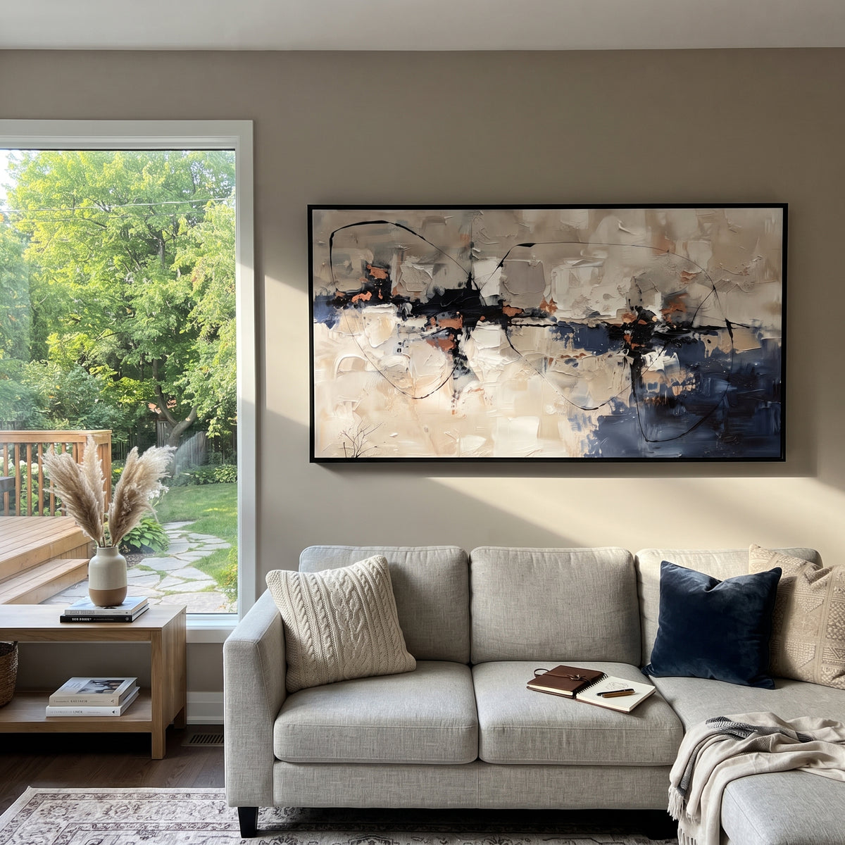 Blue Line Across Stone artwork shown with modern interior materials