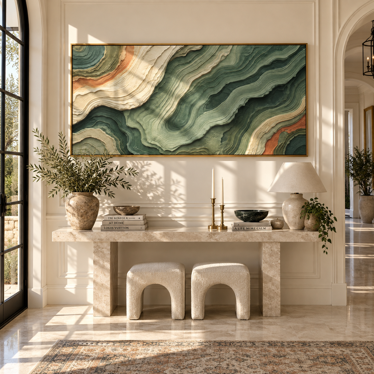 Terracotta Ridges Unfold green terracotta topographic painting displayed in a styled interior