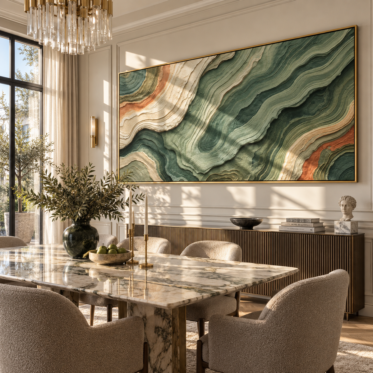 Terracotta Ridges Unfold textured wall art shown in a contemporary room setting
