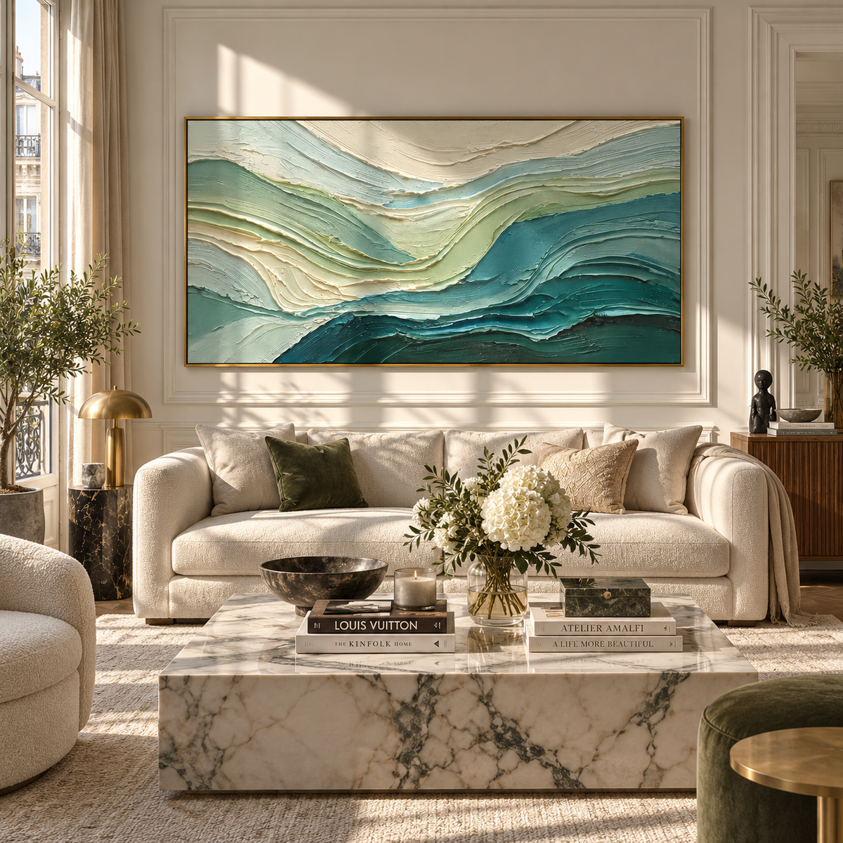 Sea Glass Tides teal ivory layered wave painting displayed in a styled interior