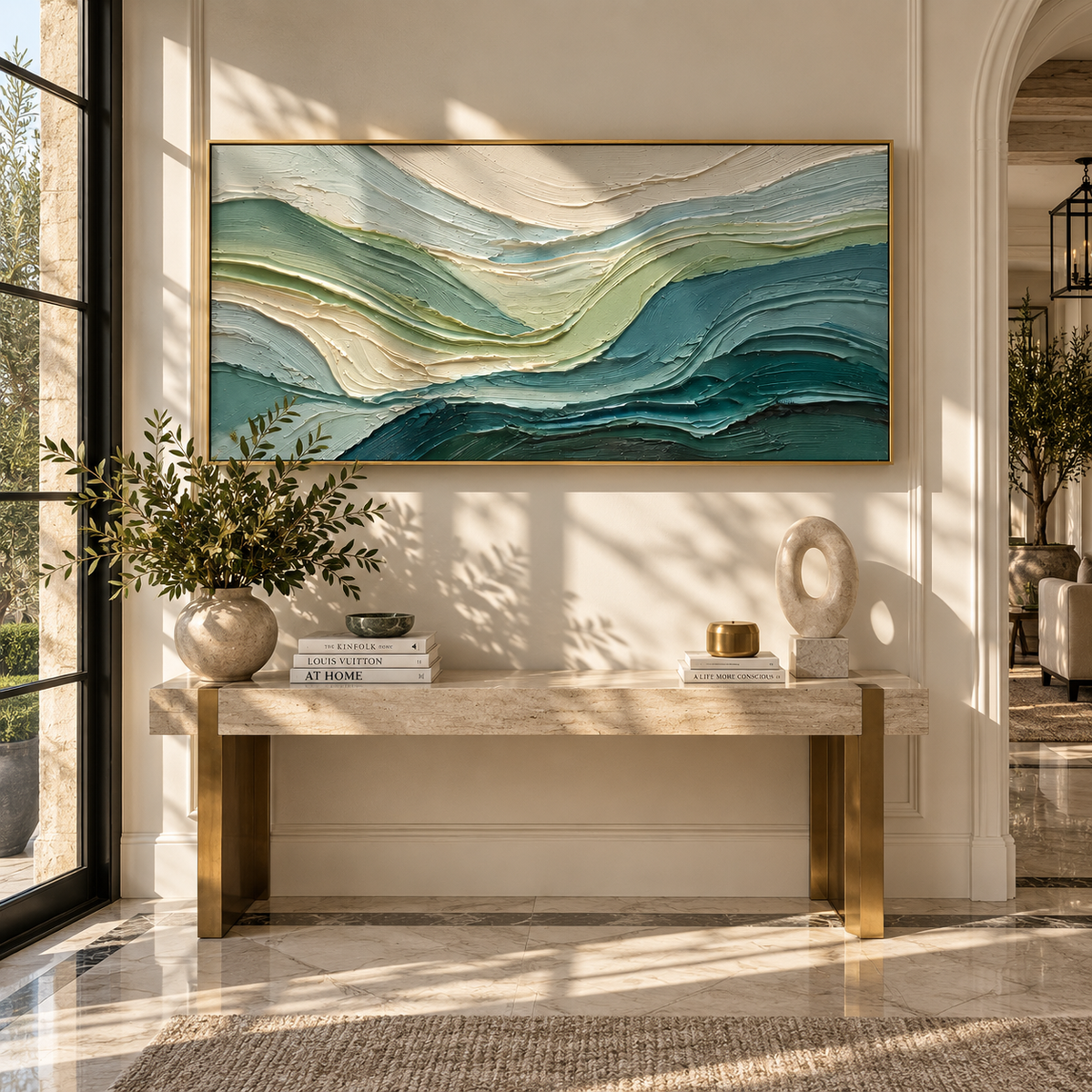 Sea Glass Tides horizontal painting displayed as a room focal point