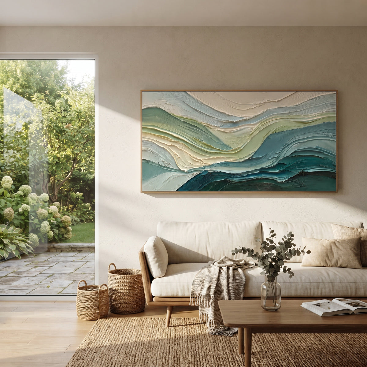 Sea Glass Tides artwork shown with modern interior materials