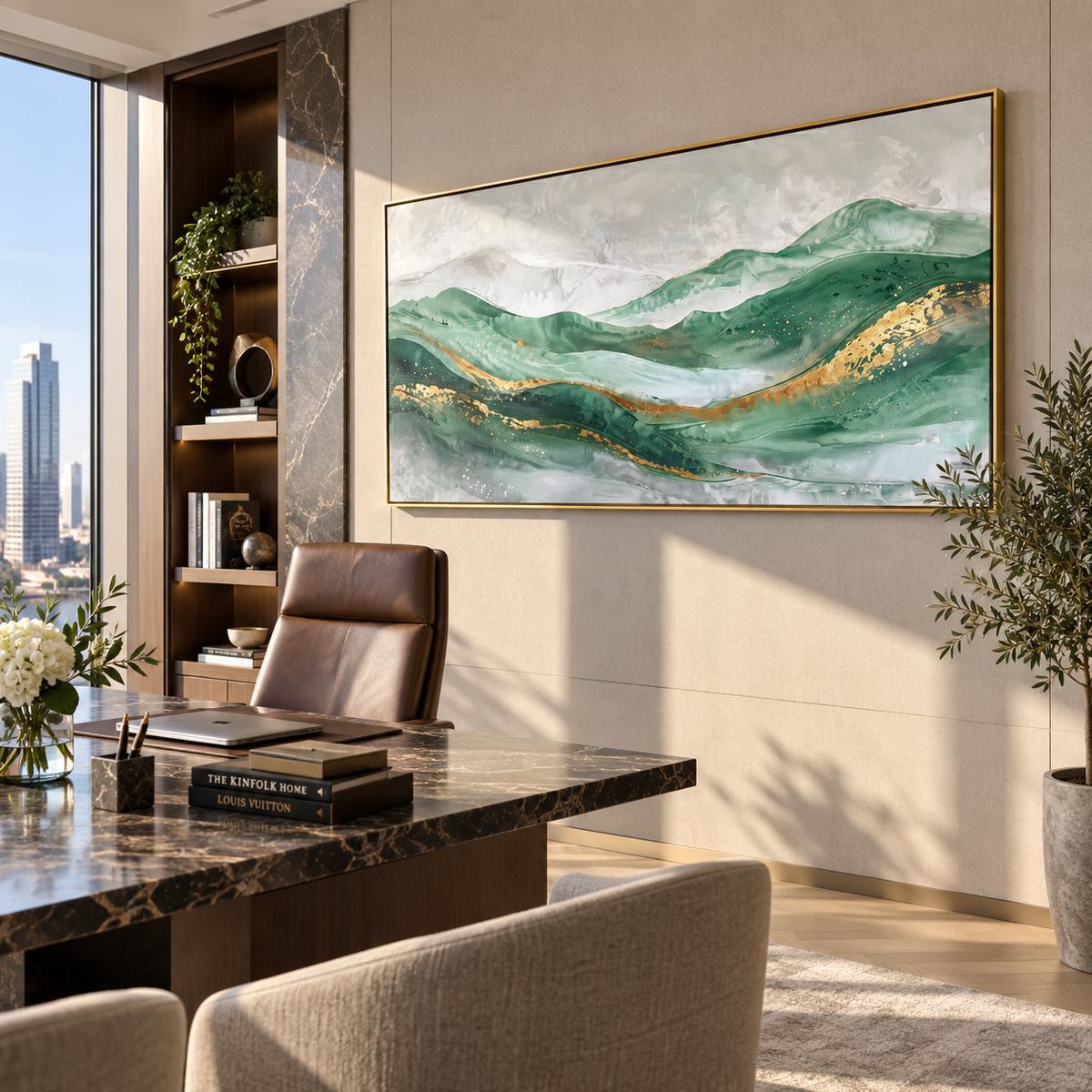 Emerald Hills Hold Gold green gold mountain abstract painting displayed in a styled interior