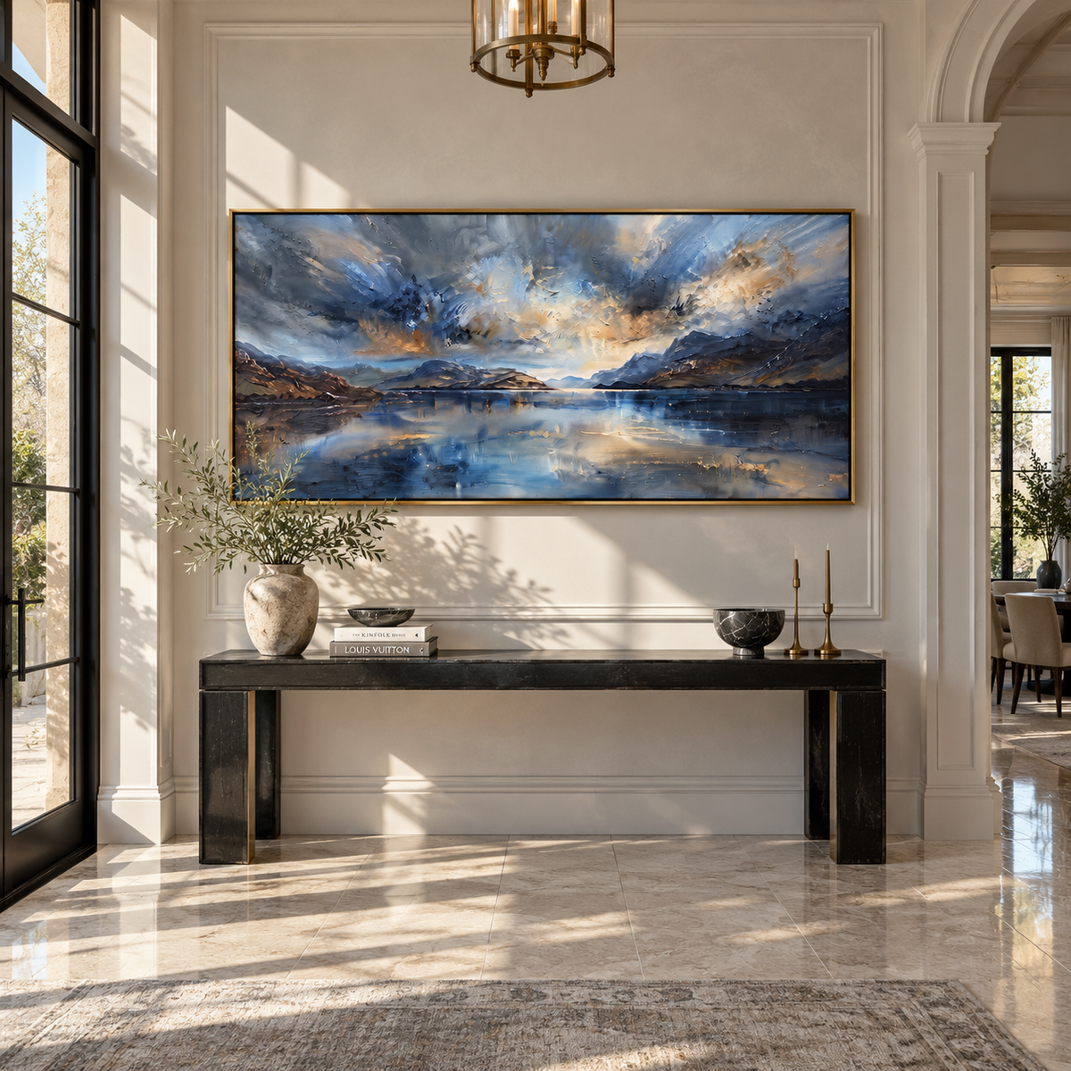 Storm Light Over Water horizontal painting displayed as a room focal point