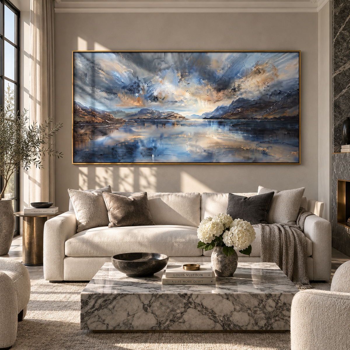 Storm Light Over Water artwork shown with modern interior materials