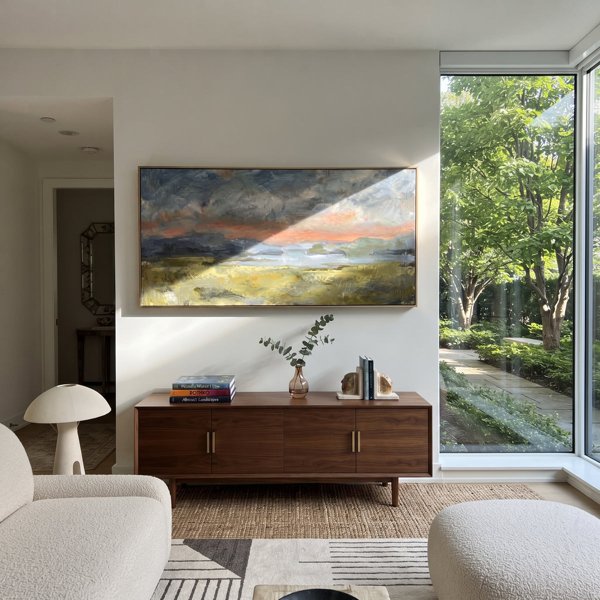 Distant Field After Rain muted sunset field painting displayed in a styled interior