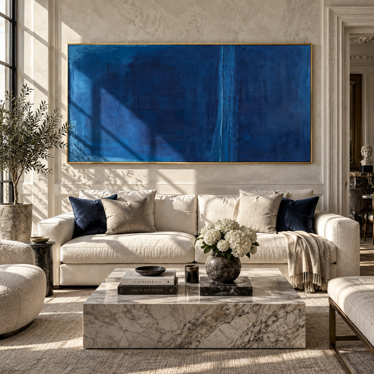 Cobalt Divide at Dusk cobalt blue minimalist painting displayed in a styled interior