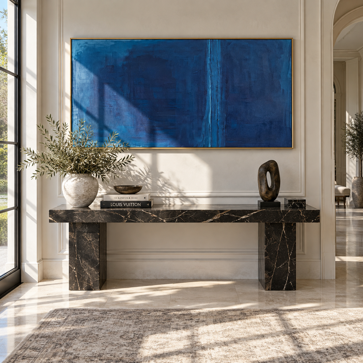 Cobalt Divide at Dusk textured wall art shown in a contemporary room setting