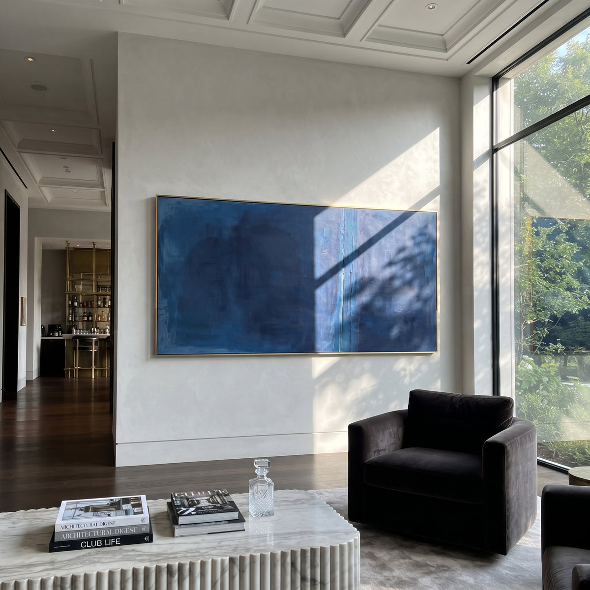 Cobalt Divide at Dusk artwork shown with modern interior materials