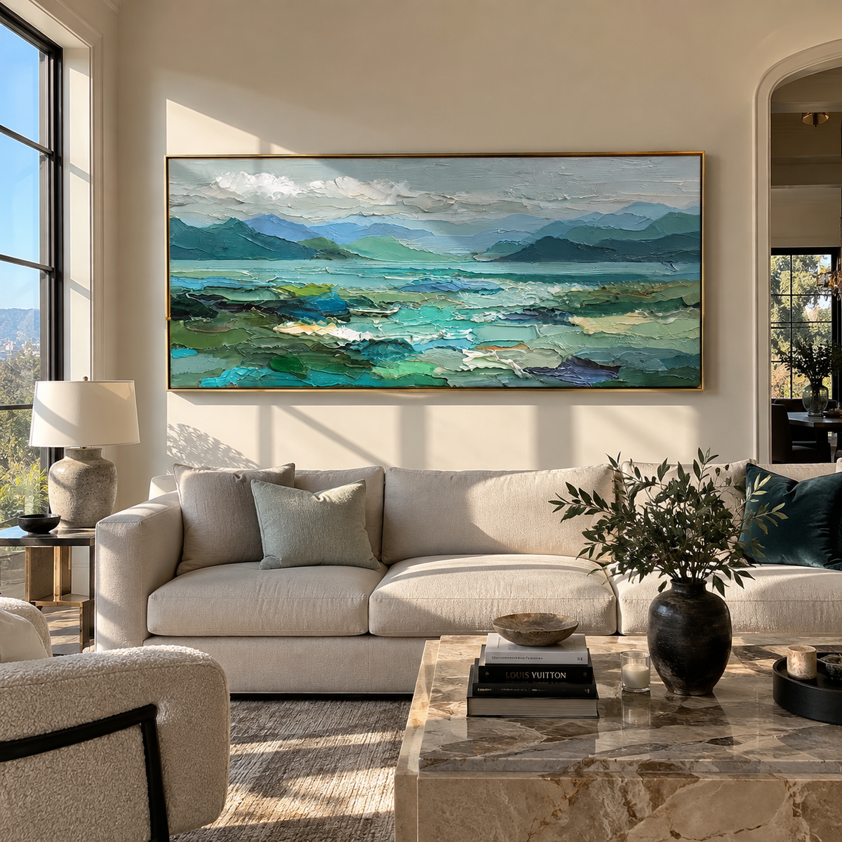 Blue Valley Opens Wide turquoise mountain landscape painting displayed in a styled interior