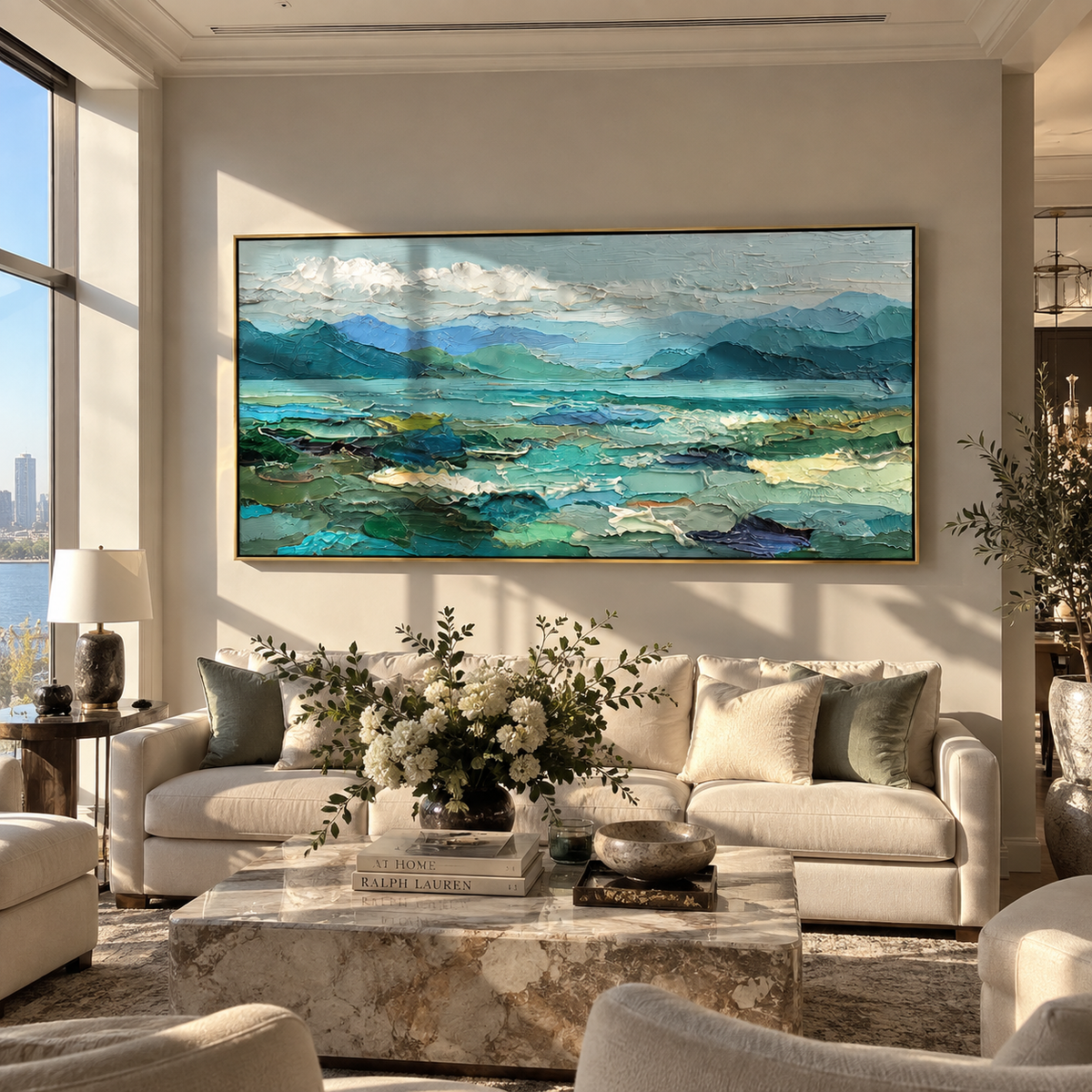 Blue Valley Opens Wide horizontal painting displayed as a room focal point
