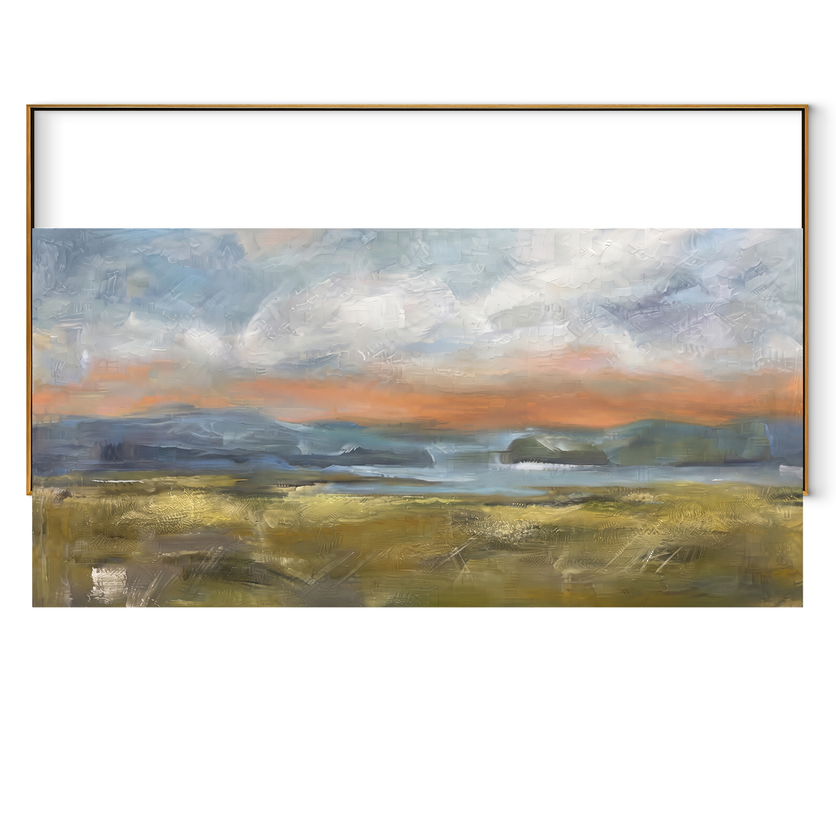 Evening Settles on Fields horizontal canvas artwork in a wood frame on a white background