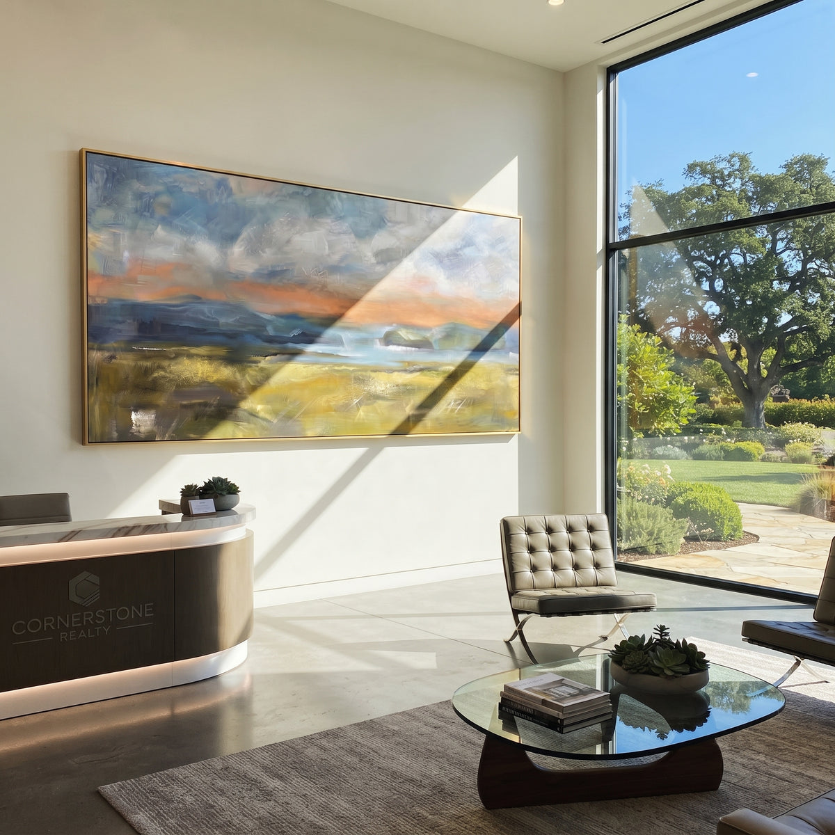 Evening Settles on Fields horizontal painting displayed as a room focal point