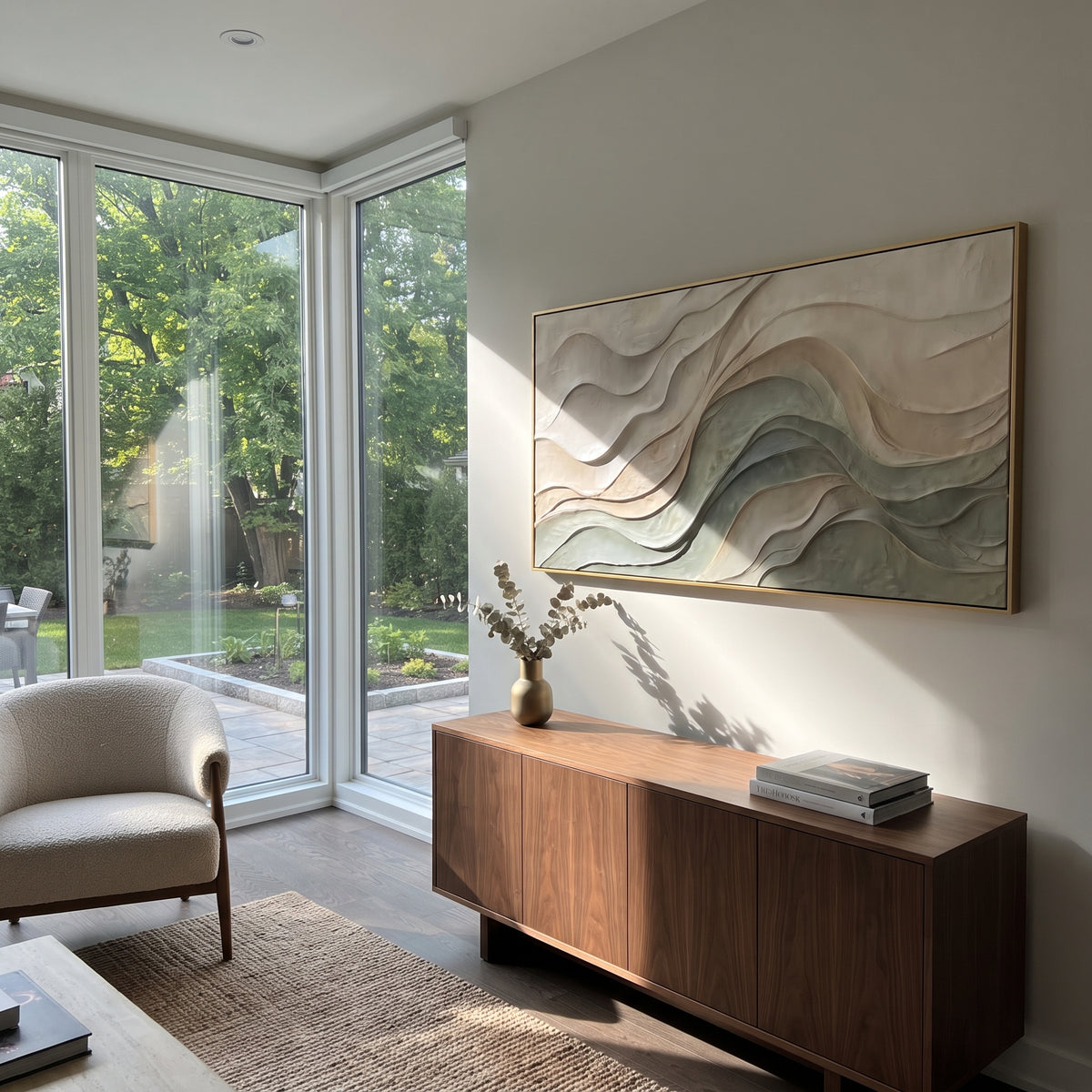 Stone Waves Remember grey ivory layered relief painting displayed in a styled interior