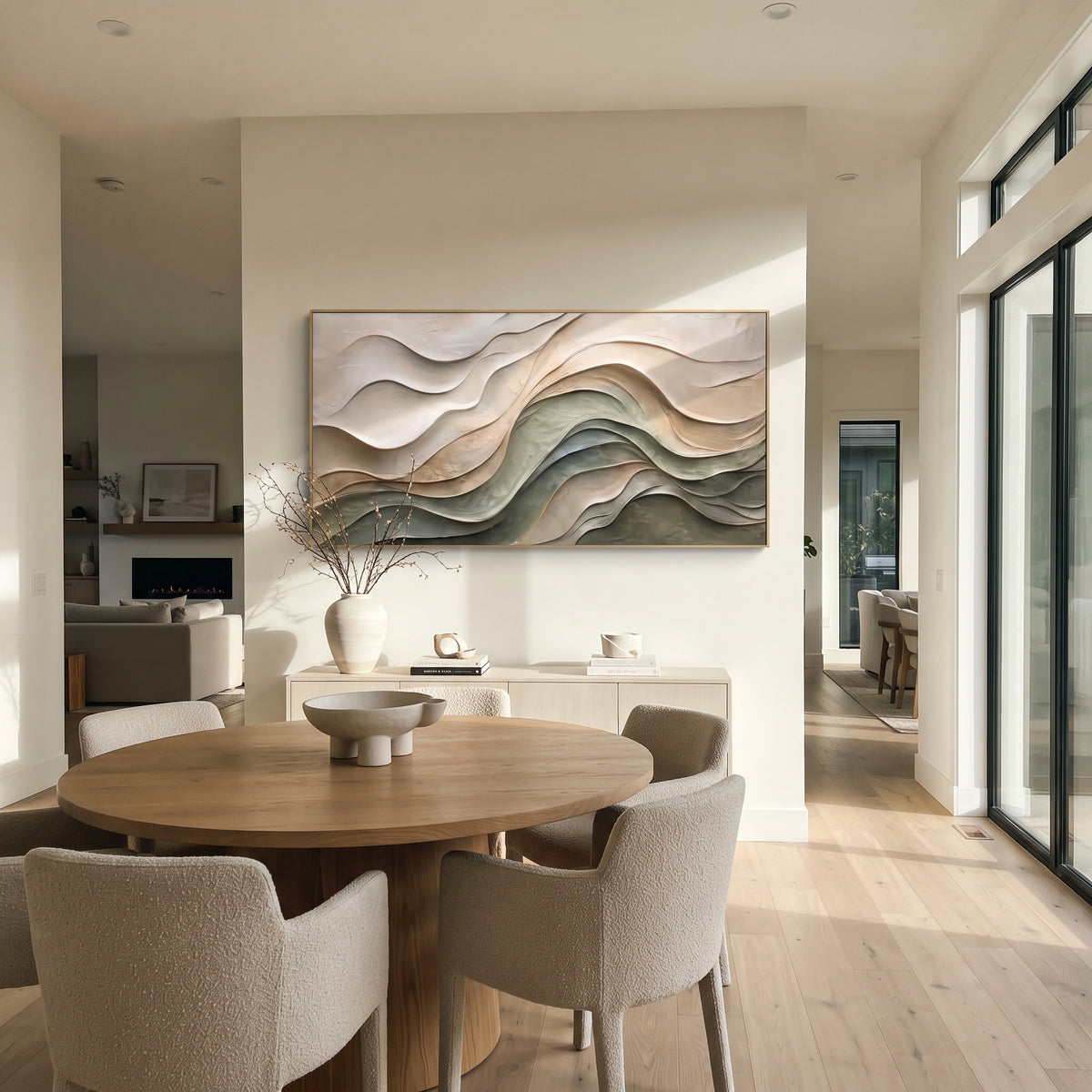Stone Waves Remember horizontal painting displayed as a room focal point